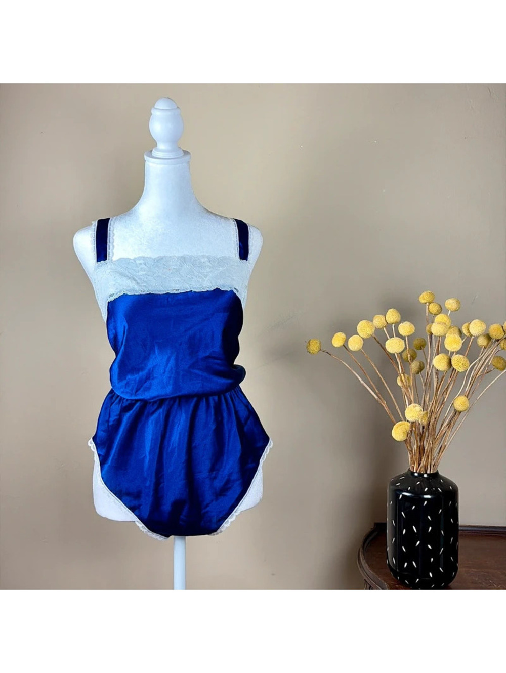 Vintage 80s Barbizon Size XL Satin Lace Teddy Royal Blue Romper French Cut